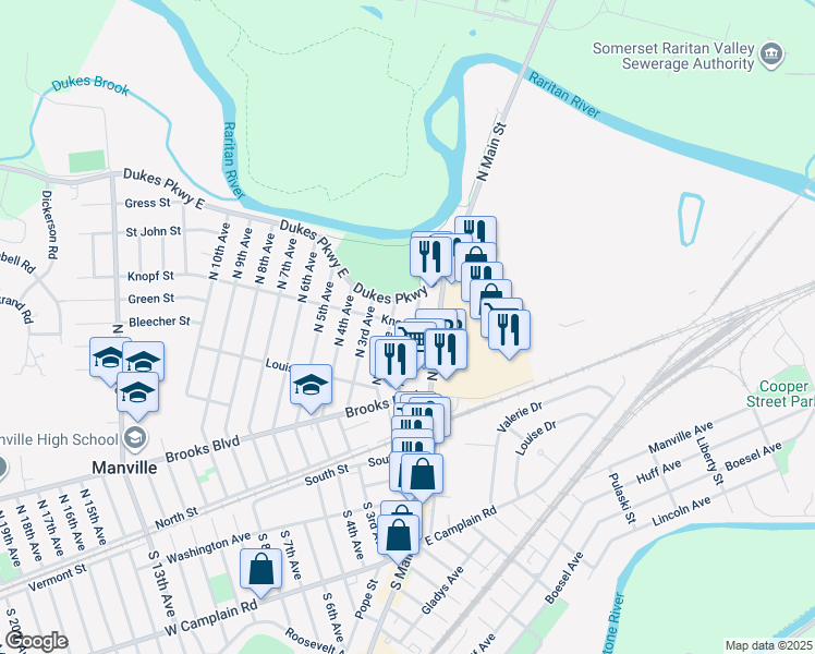map of restaurants, bars, coffee shops, grocery stores, and more near 309 North 1st Avenue in Manville