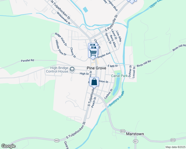 map of restaurants, bars, coffee shops, grocery stores, and more near 2 Leonard Street in Pine Grove