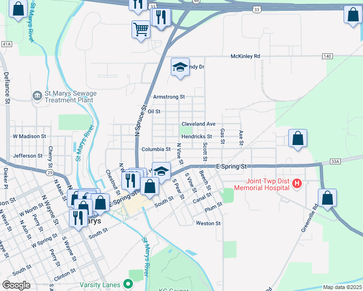 map of restaurants, bars, coffee shops, grocery stores, and more near 701 Hendricks Avenue in Saint Marys