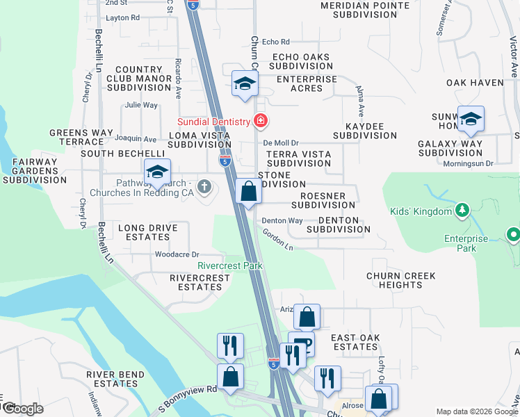 map of restaurants, bars, coffee shops, grocery stores, and more near 1064 Ledell Drive in Redding