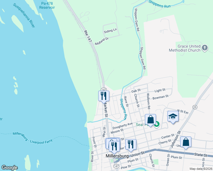 map of restaurants, bars, coffee shops, grocery stores, and more near 8 Junction Road in Millersburg