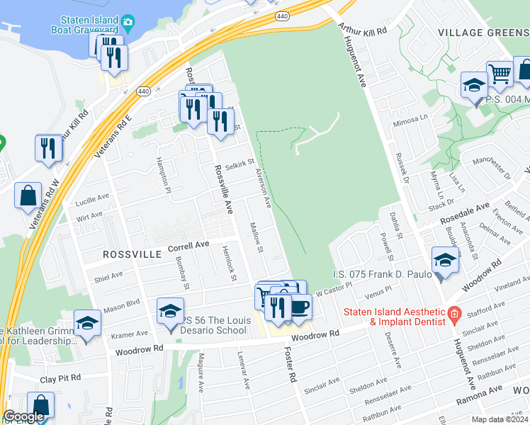 map of restaurants, bars, coffee shops, grocery stores, and more near 302 Alverson Avenue in Staten Island