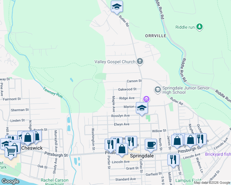 map of restaurants, bars, coffee shops, grocery stores, and more near 423 Oakwood Street in Springdale