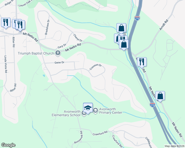 map of restaurants, bars, coffee shops, grocery stores, and more near 439 Crimson Drive in Pittsburgh