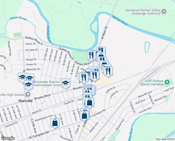 map of restaurants, bars, coffee shops, grocery stores, and more near North 1st Avenue in Manville