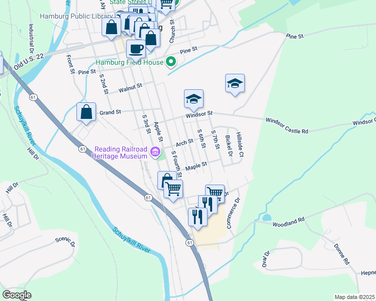 map of restaurants, bars, coffee shops, grocery stores, and more near 507 South 5th Street in Hamburg