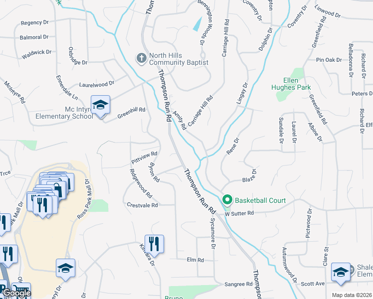 map of restaurants, bars, coffee shops, grocery stores, and more near 734 Thompson Run Road in Pittsburgh