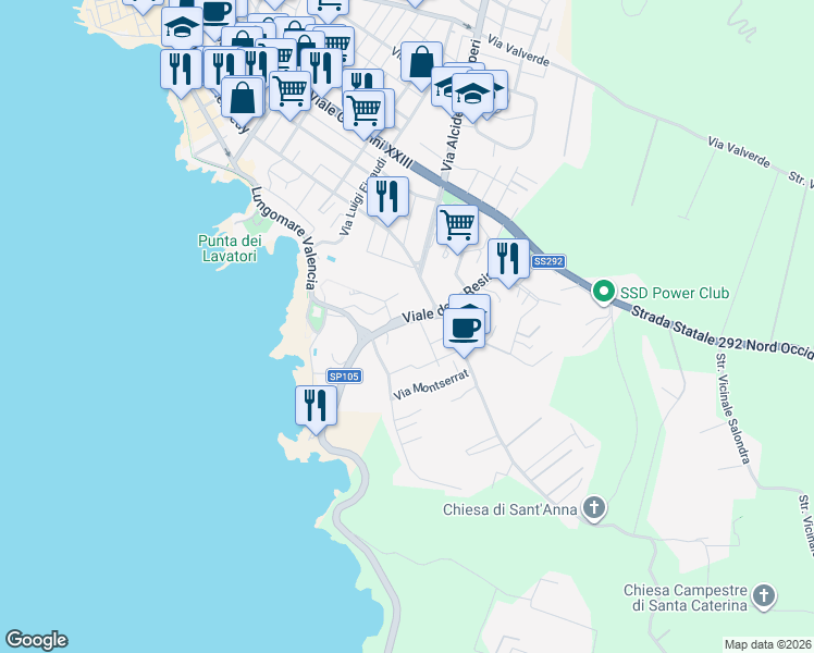 map of restaurants, bars, coffee shops, grocery stores, and more near 21 Viale della Resistenza in Alghero