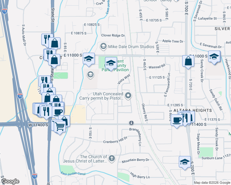 map of restaurants, bars, coffee shops, grocery stores, and more near 11239 South 285 East in Sandy