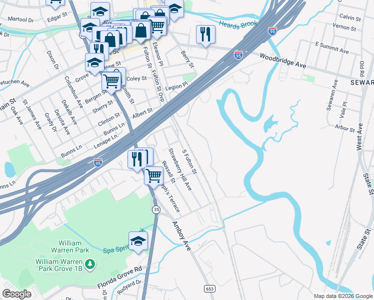 map of restaurants, bars, coffee shops, grocery stores, and more near 170 South Fulton Street in Woodbridge Township