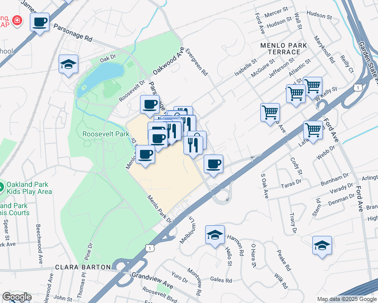map of restaurants, bars, coffee shops, grocery stores, and more near 44 Parsonage Road in Edison