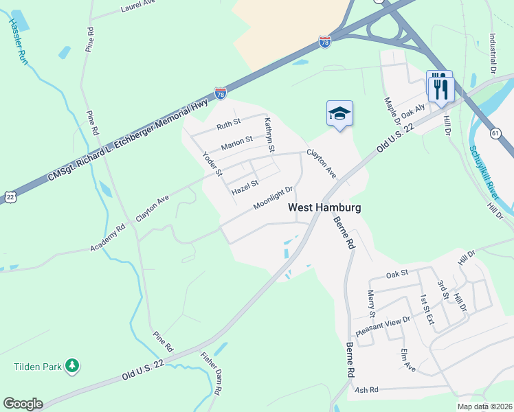map of restaurants, bars, coffee shops, grocery stores, and more near 5 Moonlight Drive in Hamburg