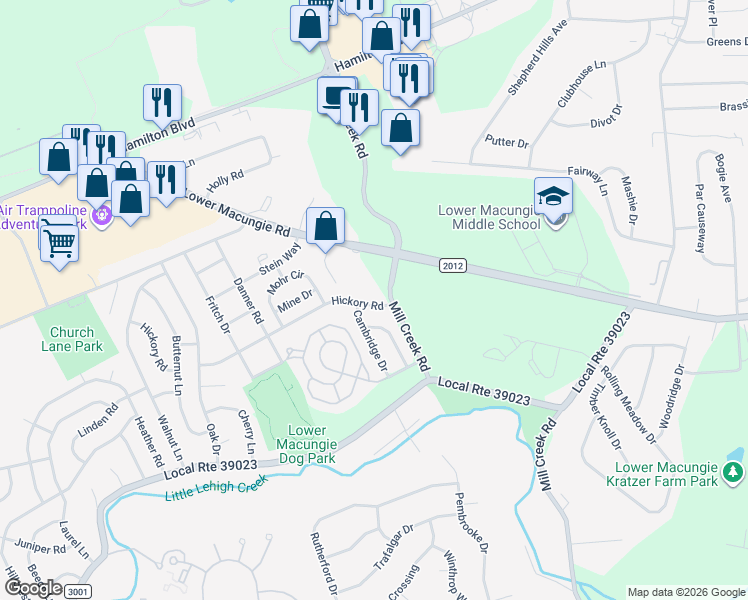 map of restaurants, bars, coffee shops, grocery stores, and more near 6507 Hickory Road in Macungie