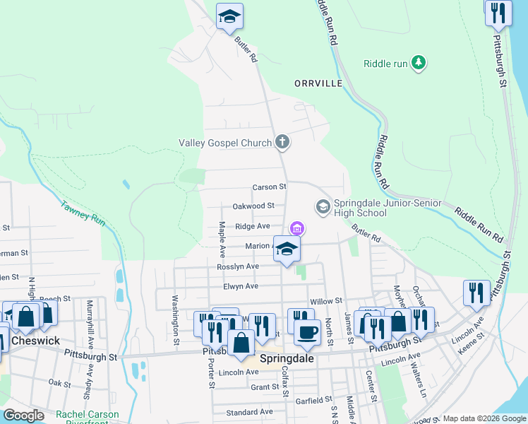 map of restaurants, bars, coffee shops, grocery stores, and more near 531 Oakwood Street in Springdale