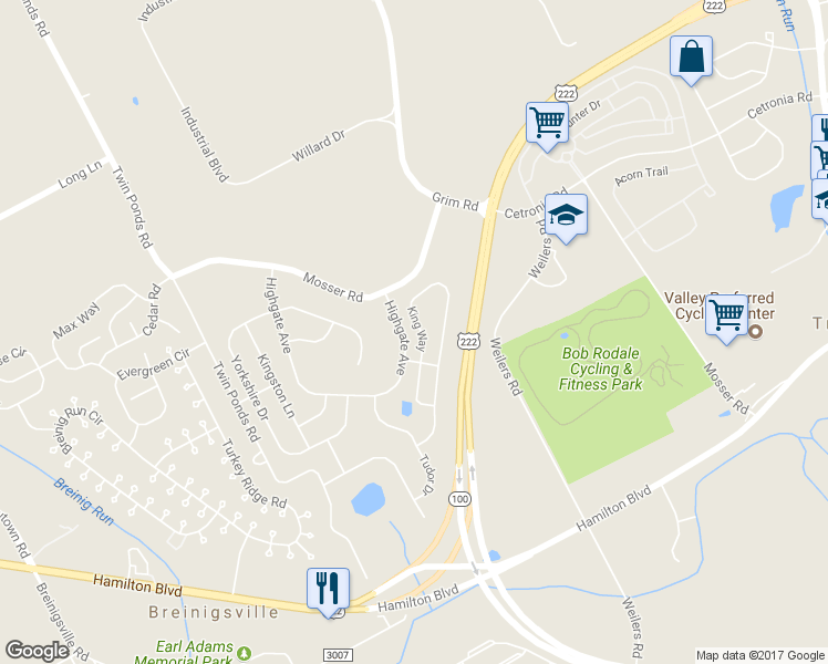 map of restaurants, bars, coffee shops, grocery stores, and more near 933 King Way in Breinigsville