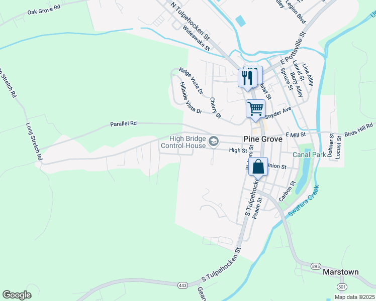 map of restaurants, bars, coffee shops, grocery stores, and more near 205 High Street in Pine Grove