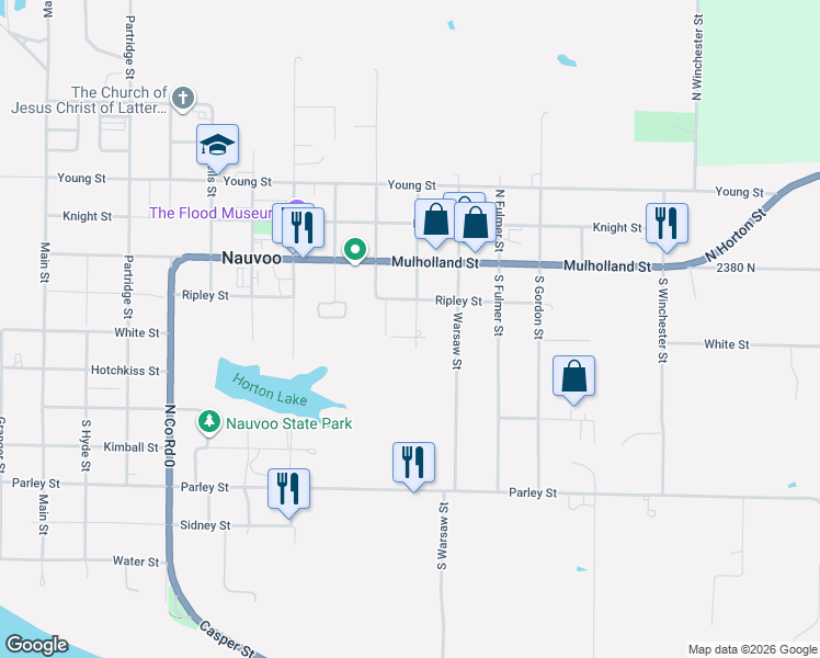 map of restaurants, bars, coffee shops, grocery stores, and more near 201-285 South Wilcox Street in Nauvoo