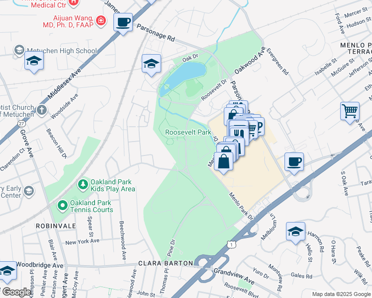 map of restaurants, bars, coffee shops, grocery stores, and more near Roosevelt Drive in Edison