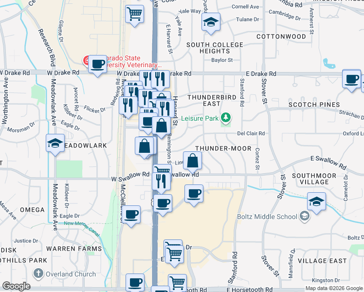 map of restaurants, bars, coffee shops, grocery stores, and more near 209 Annabel Lane in Fort Collins
