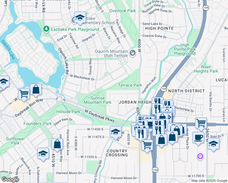 map of restaurants, bars, coffee shops, grocery stores, and more near 4130 Shinnerock Drive in South Jordan