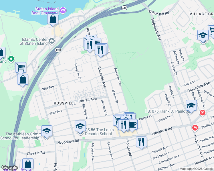map of restaurants, bars, coffee shops, grocery stores, and more near 34 Barrow Place in Staten Island
