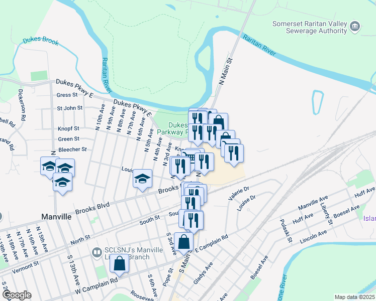 map of restaurants, bars, coffee shops, grocery stores, and more near 309 North 1st Avenue in Manville