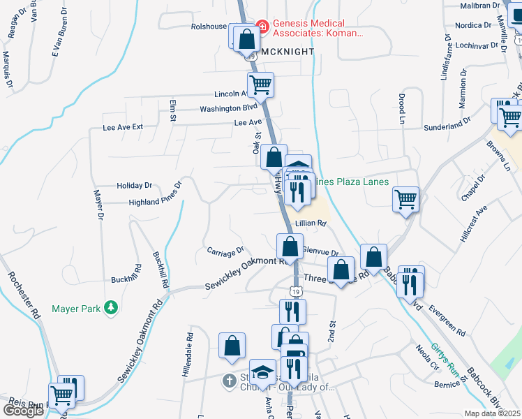 map of restaurants, bars, coffee shops, grocery stores, and more near 101 Highland Pines Drive in Pittsburgh