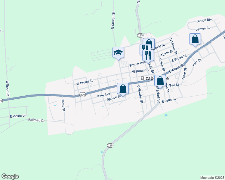 map of restaurants, bars, coffee shops, grocery stores, and more near 240 West Main Street in Elizabethville