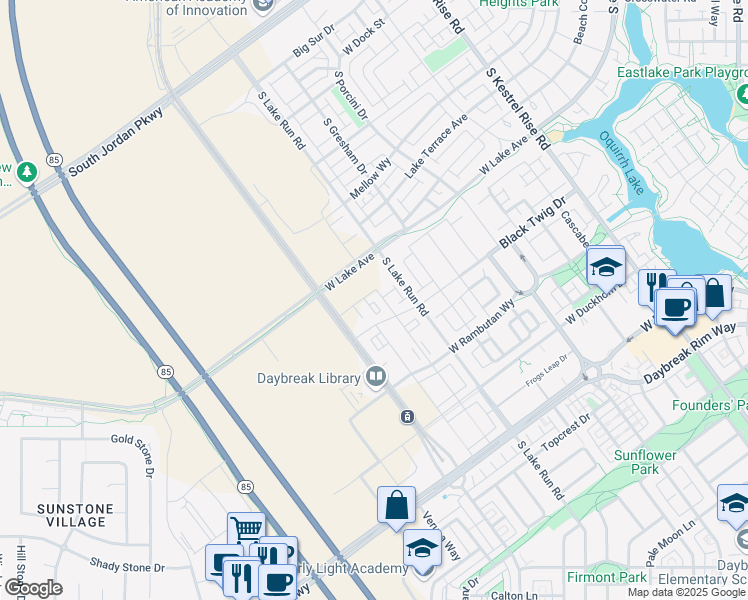 map of restaurants, bars, coffee shops, grocery stores, and more near 5227 West Reventon Drive in South Jordan