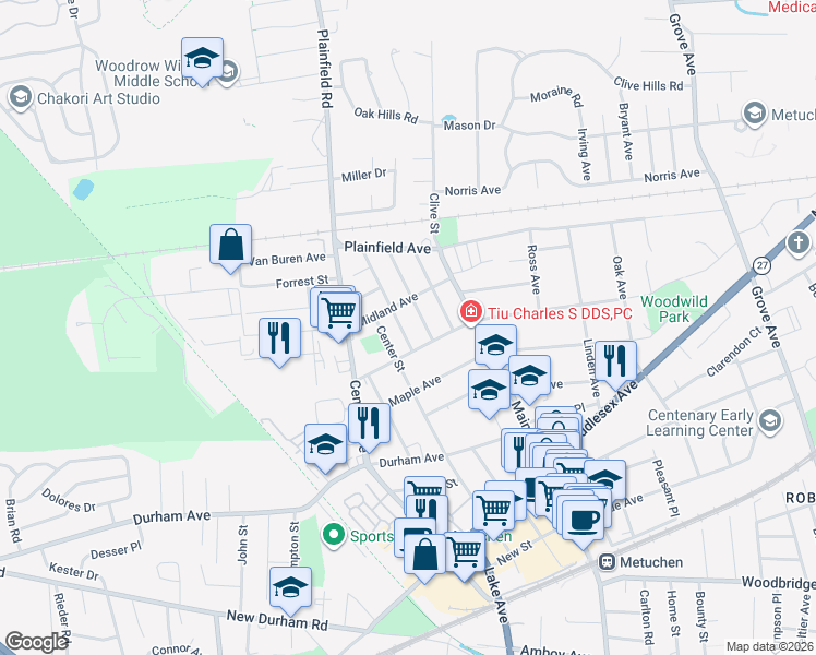 map of restaurants, bars, coffee shops, grocery stores, and more near 212 University Avenue in Metuchen