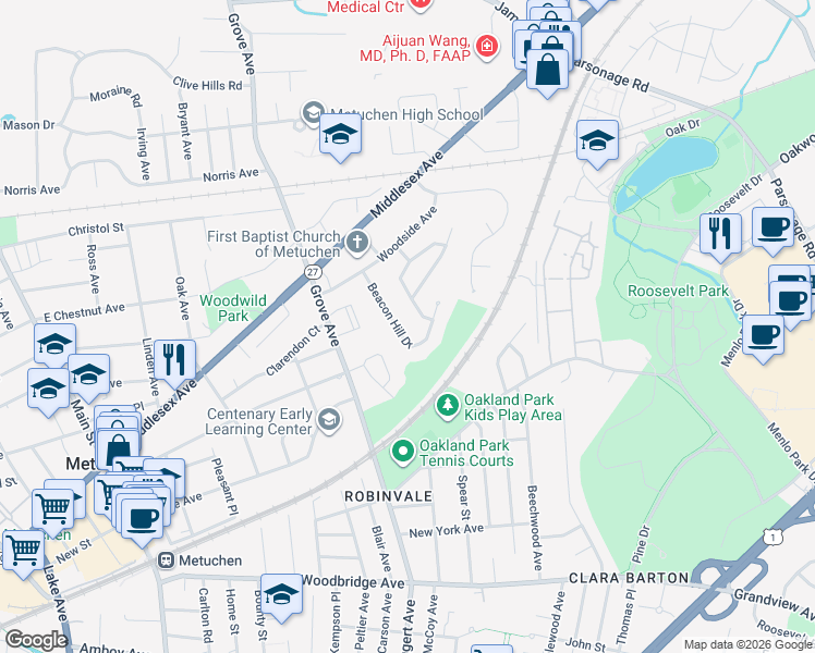 map of restaurants, bars, coffee shops, grocery stores, and more near 90 Concord Avenue in Metuchen