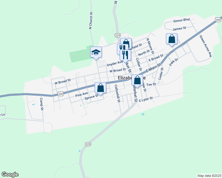 map of restaurants, bars, coffee shops, grocery stores, and more near 21 South Buttonwood Street in Elizabethville