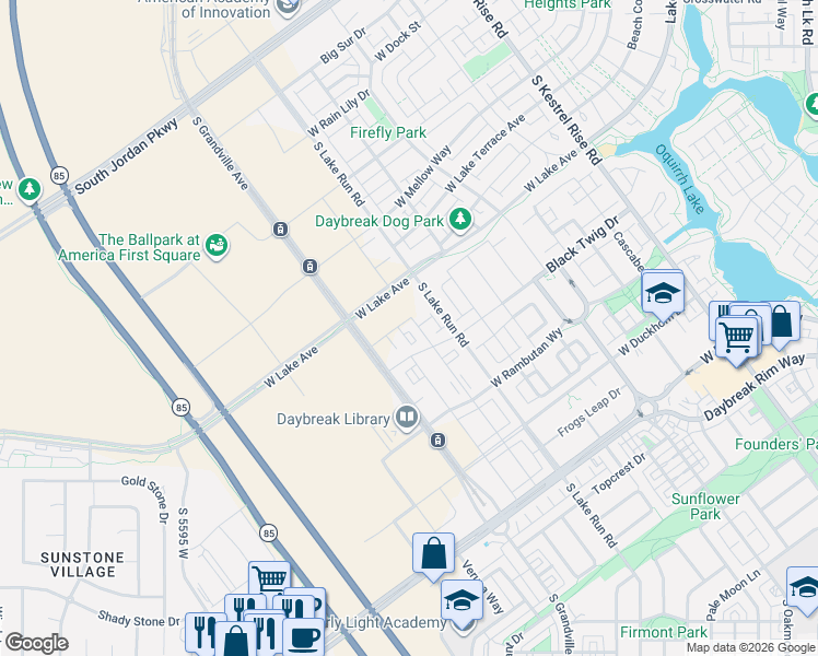 map of restaurants, bars, coffee shops, grocery stores, and more near 5227 West Reventon Drive in South Jordan