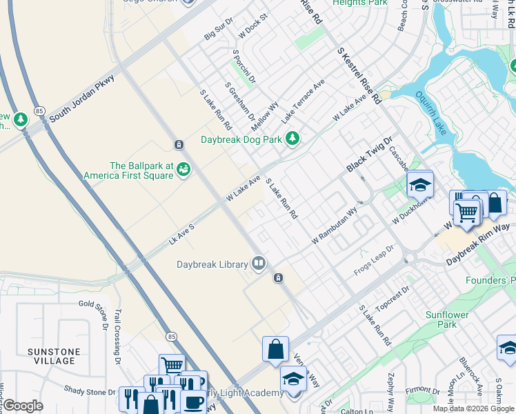 map of restaurants, bars, coffee shops, grocery stores, and more near 5227 West Reventon Drive in South Jordan