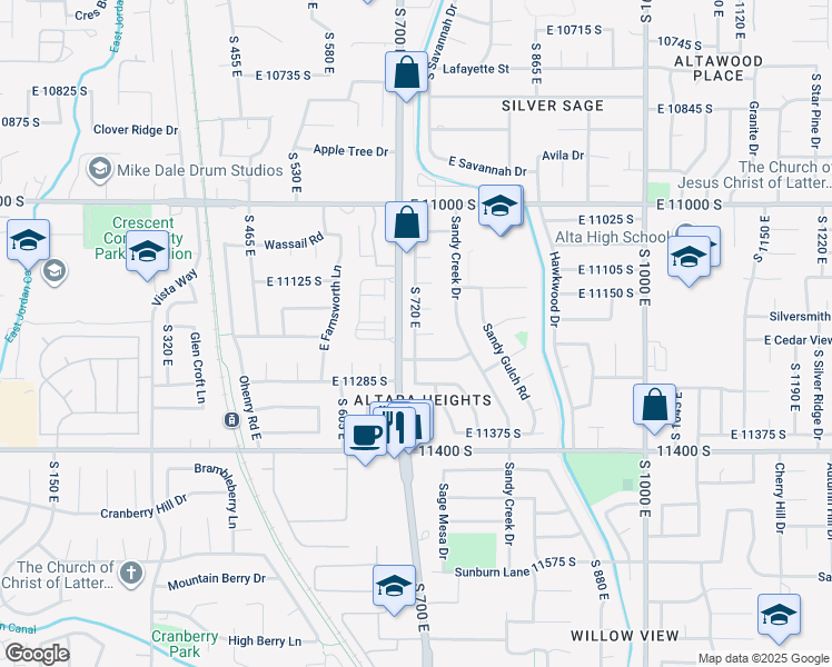map of restaurants, bars, coffee shops, grocery stores, and more near 11209 Sandy Dunes Drive in Sandy