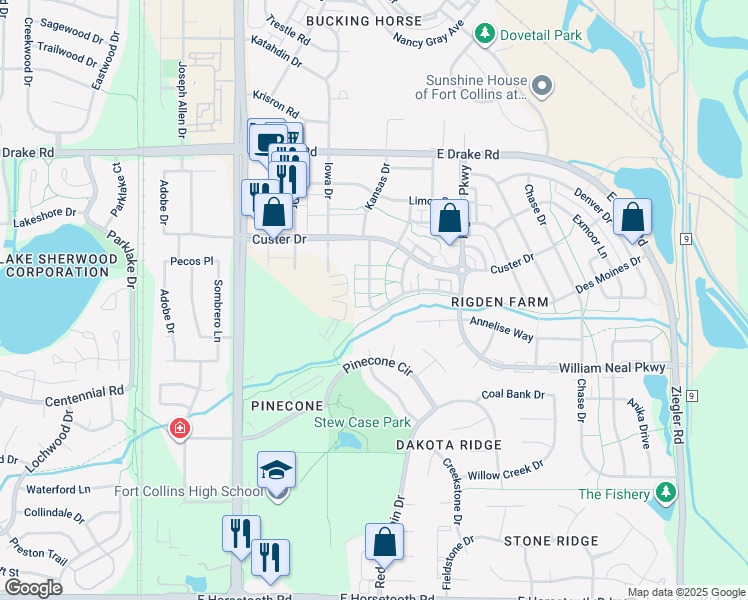 map of restaurants, bars, coffee shops, grocery stores, and more near 2862 Kansas Drive in Fort Collins
