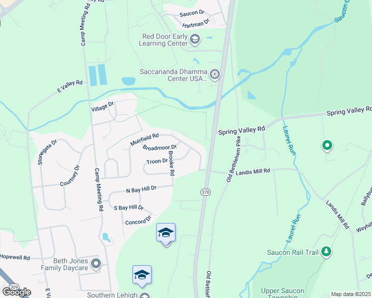 map of restaurants, bars, coffee shops, grocery stores, and more near 3070 Muirfield Road in Center Valley