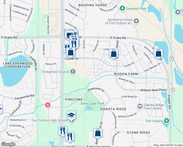 map of restaurants, bars, coffee shops, grocery stores, and more near 2863 Kansas Drive in Fort Collins