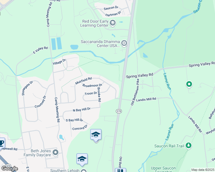 map of restaurants, bars, coffee shops, grocery stores, and more near 3070 Muirfield Road in Center Valley