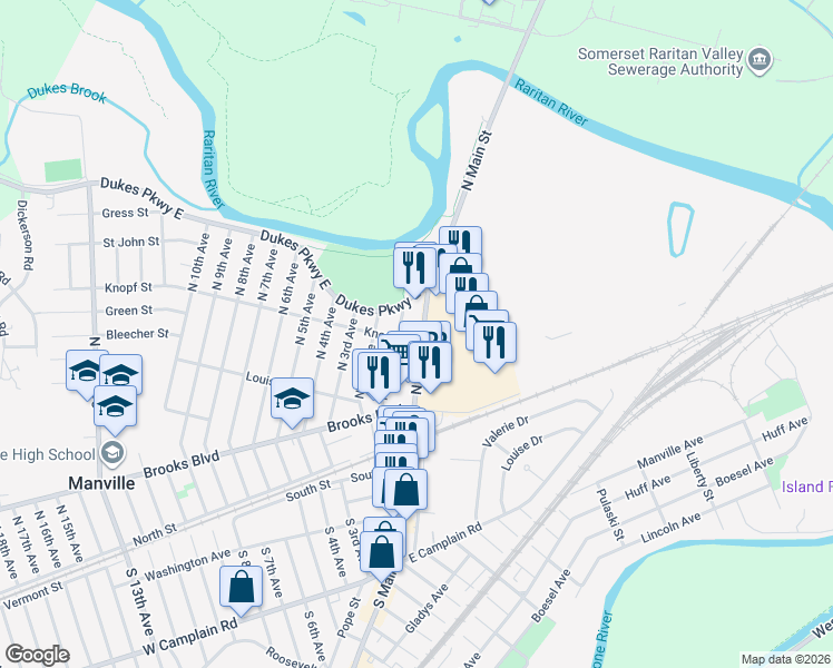 map of restaurants, bars, coffee shops, grocery stores, and more near 307 North Main Street in Manville