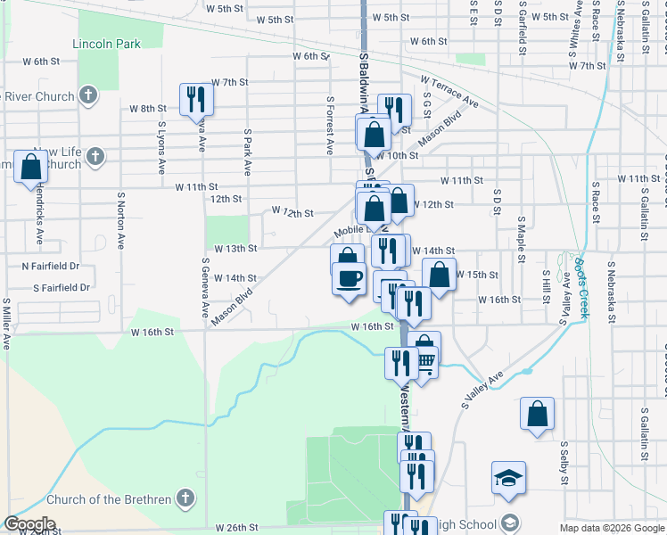 map of restaurants, bars, coffee shops, grocery stores, and more near 1432 South Forrest Avenue in Marion