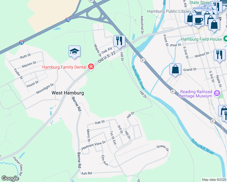 map of restaurants, bars, coffee shops, grocery stores, and more near 24 Scenic Avenue in Hamburg