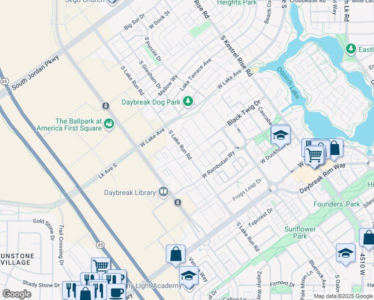 map of restaurants, bars, coffee shops, grocery stores, and more near 5136 Black Twig Drive in South Jordan