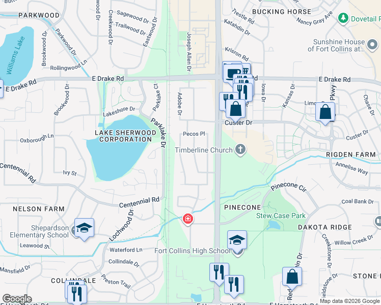 map of restaurants, bars, coffee shops, grocery stores, and more near 2900 Adobe Drive in Fort Collins