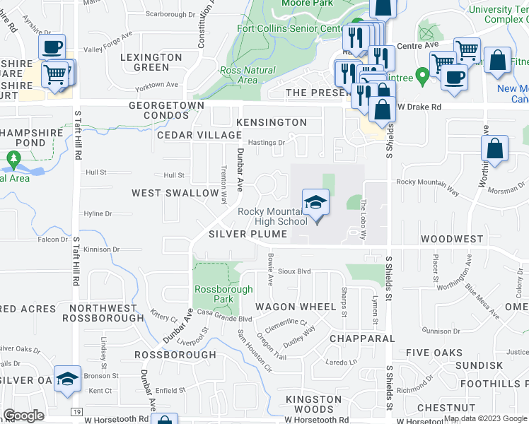 map of restaurants, bars, coffee shops, grocery stores, and more near 1512 Silverton Court in Fort Collins