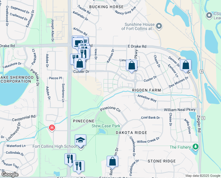 map of restaurants, bars, coffee shops, grocery stores, and more near 2862 Kansas Drive in Fort Collins