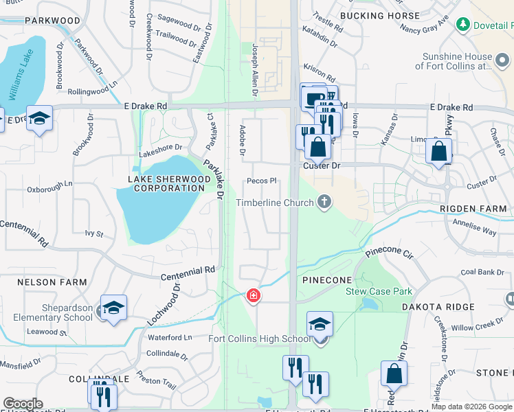 map of restaurants, bars, coffee shops, grocery stores, and more near 2900 Adobe Drive in Fort Collins