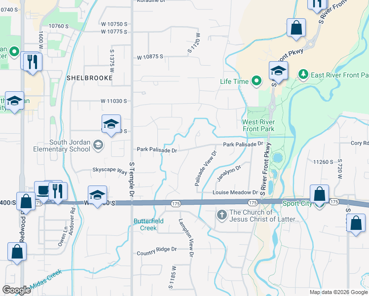 map of restaurants, bars, coffee shops, grocery stores, and more near 11182 Palisade Rim Circle in South Jordan
