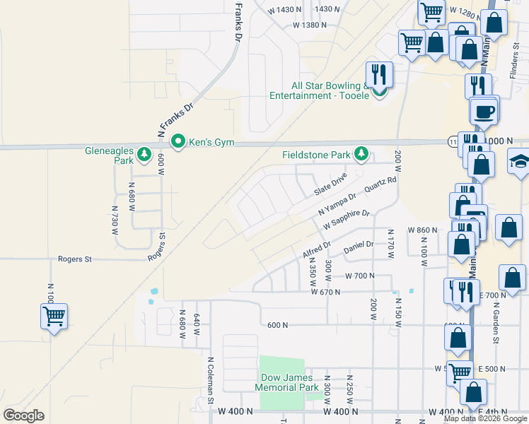 map of restaurants, bars, coffee shops, grocery stores, and more near 851 Galena Drive in Tooele