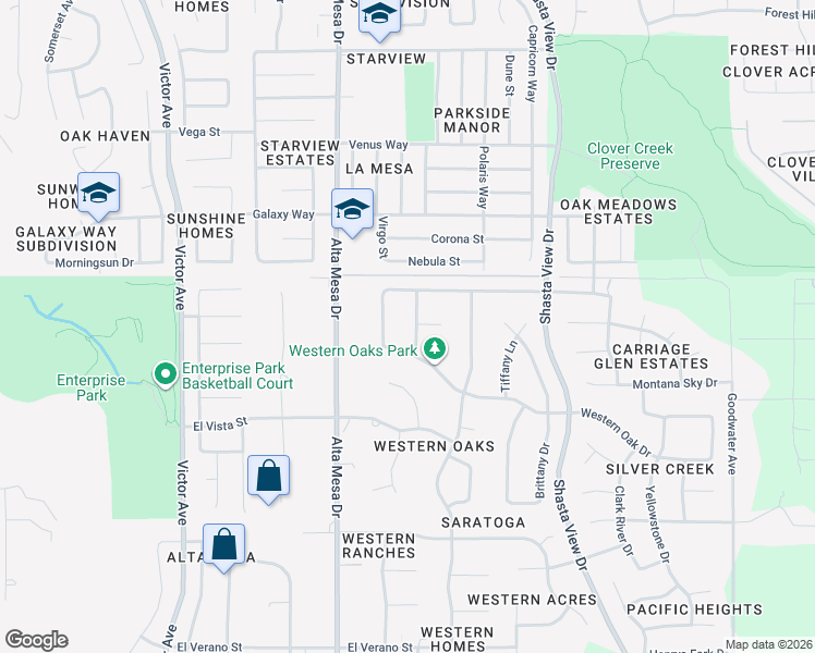 map of restaurants, bars, coffee shops, grocery stores, and more near 2162 Western Oak Drive in Redding